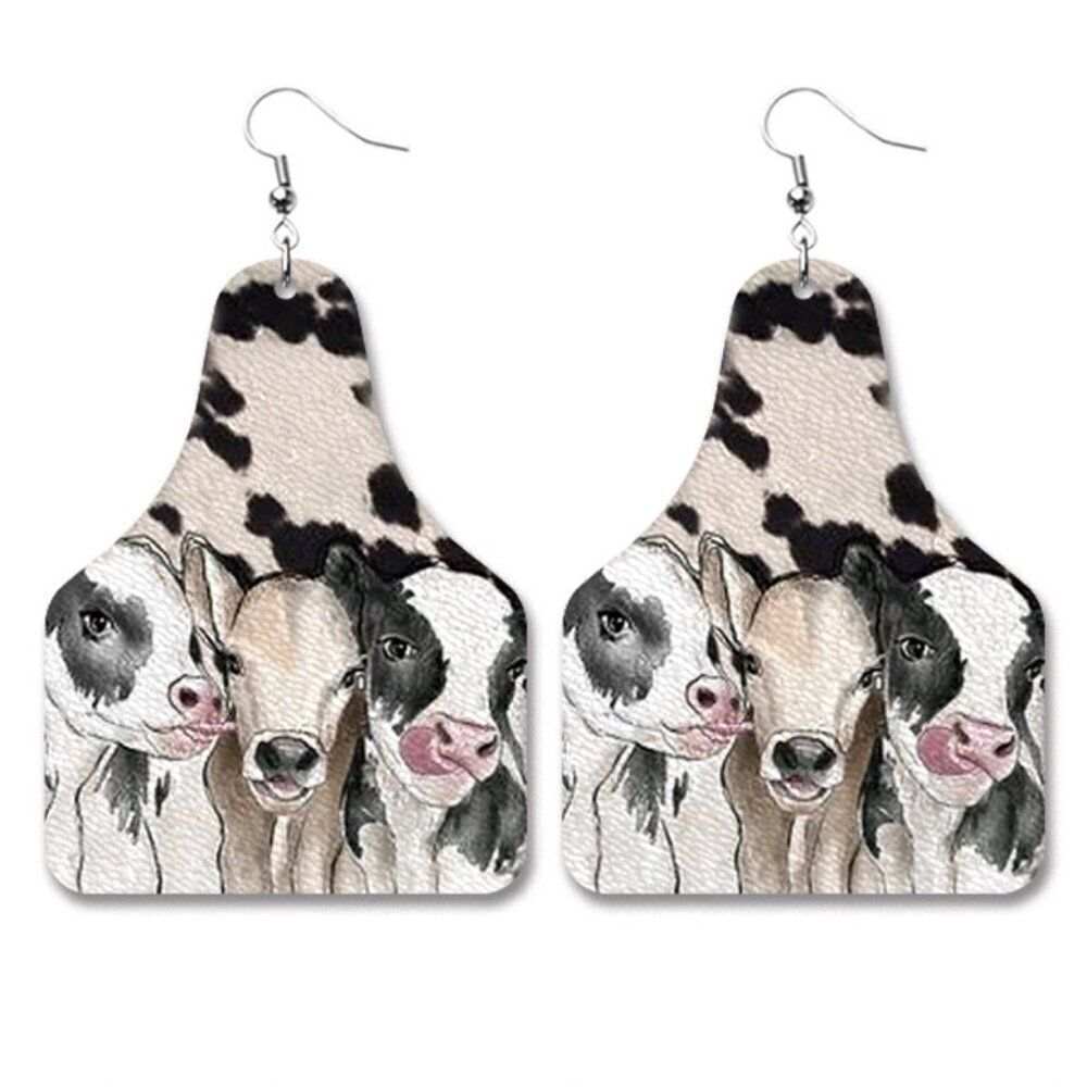 3For$20 Cow Friends White/Black Tag Retro Leather Earrings